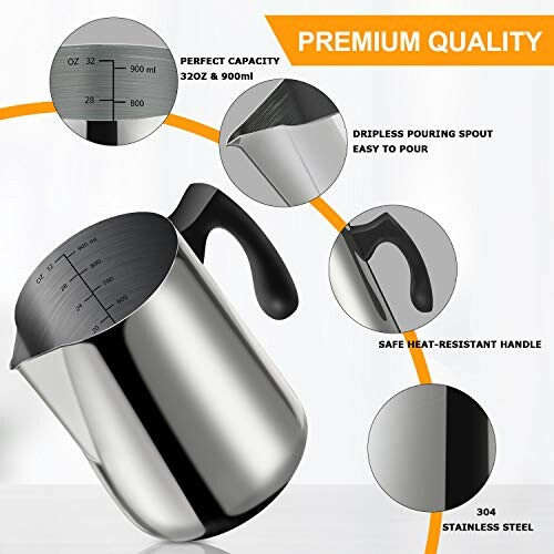 Stainless steel pitcher with measurement markings and features.