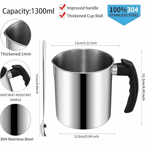 Stainless steel milk frothing pitcher with improved handle and thickened cup wall, 1300ml capacity.
