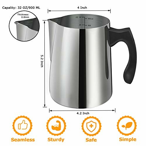 Stainless steel milk pitcher with measurement markings and handle.