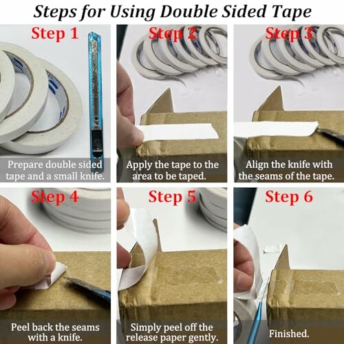 Steps for using double-sided tape with images showing preparation, application, alignment, peeling, and finishing.