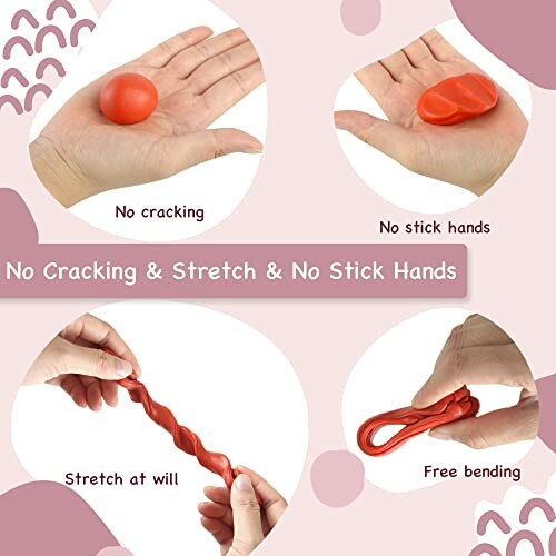 Hands stretching and holding red putty with text about no cracking, no stickiness, and flexibility.