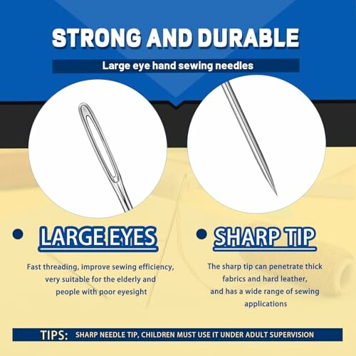 Sewing needles with large eyes and sharp tips for efficient sewing.
