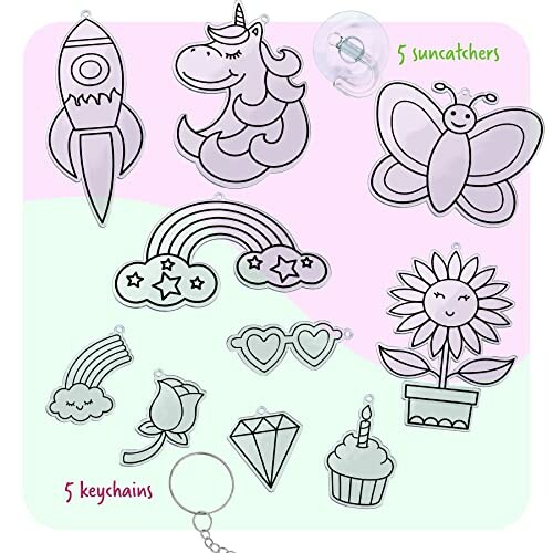 Set of 5 suncatchers and 5 keychains including unicorn, rocket, butterfly, rainbow, flower, and more.