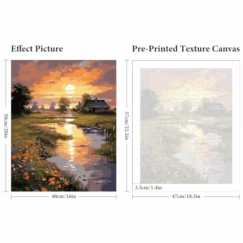 Paint by numbers canvas with sunset landscape and pre-printed texture.