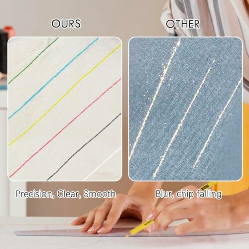 Comparison of two types of tailor's chalk lines on fabric.