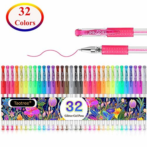 Set of 32 colorful glitter gel pens by Taotree, with vibrant ink display.