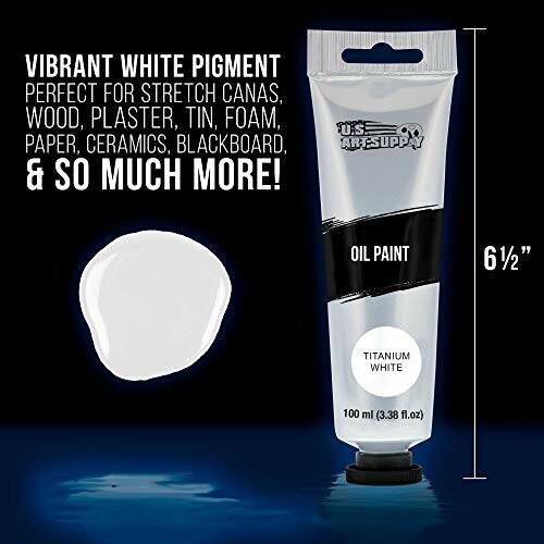 Tube of titanium white oil paint with vibrant pigment description.