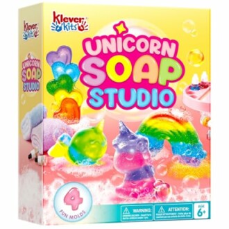 Unicorn Soap Studio kit with colorful molds and soap ingredients.