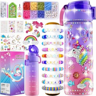 Unicorn-themed DIY water bottle kit with stickers and alphabet beads.