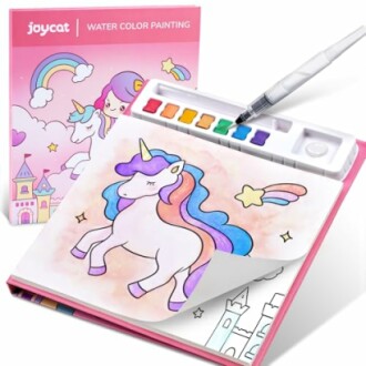 Unicorn watercolor painting kit with brush and colors.