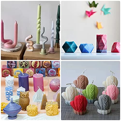 Various uniquely shaped and colorful candles on display.