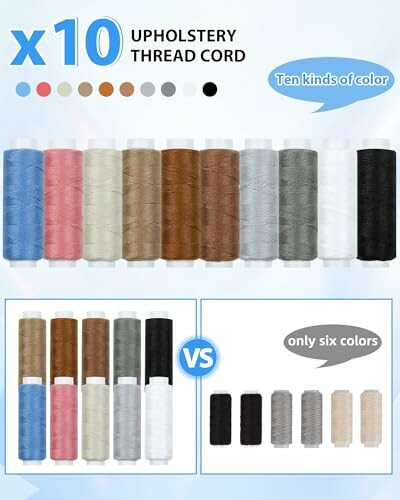Set of ten upholstery thread cords in various colors.