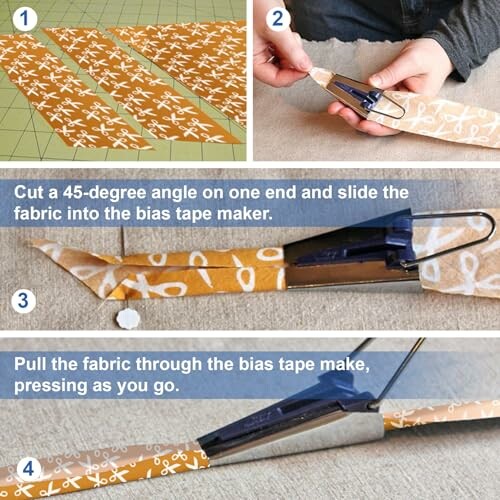 Steps to use a bias tape maker with fabric strips.
