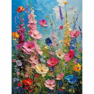 Colorful floral painting with various flowers against a blue sky background.