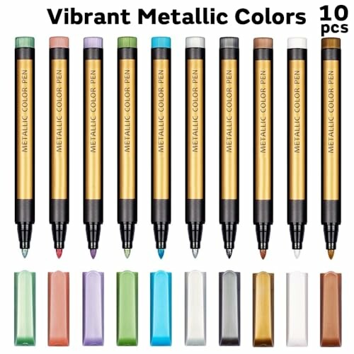 Set of 10 vibrant metallic color pens with caps.