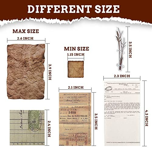 Various vintage paper sizes with measurements.