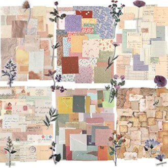 Collage of vintage paper designs with flowers.