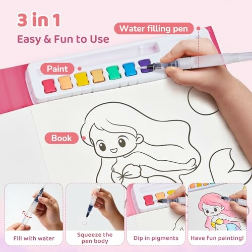 Child using a water filling pen to paint a coloring book with paint palette.