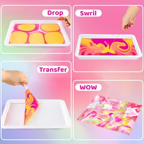 Step-by-step water marbling art process with vibrant colors.
