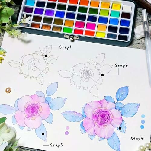 Step-by-step watercolor flower painting tutorial with paints and flowers.