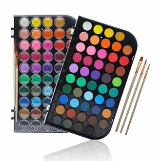 Watercolor paint set with multiple colors and brushes.