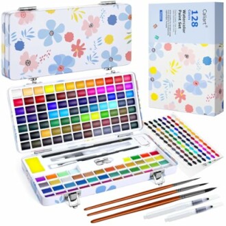 128-color watercolor paint set with brushes and palette in floral case