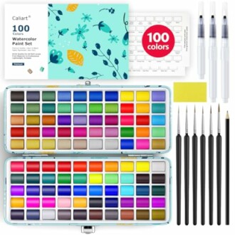 100 colors watercolor paint set with brushes and accessories.