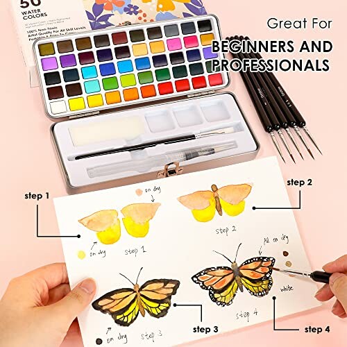 Watercolor painting kit with butterfly illustrations and step-by-step guide.