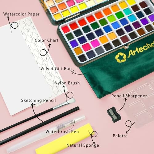 Watercolor painting kit with paints, brushes, and accessories.