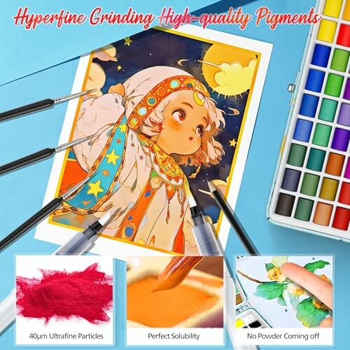 Watercolor painting set with a colorful illustration and paintbrushes.