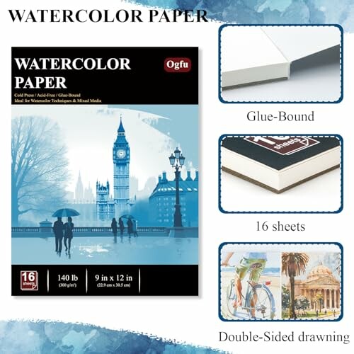 Watercolor paper product with glue-bound, 16 sheets, double-sided drawing features.
