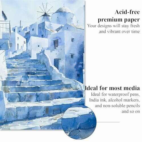 Watercolor painting of Santorini with paper quality details.