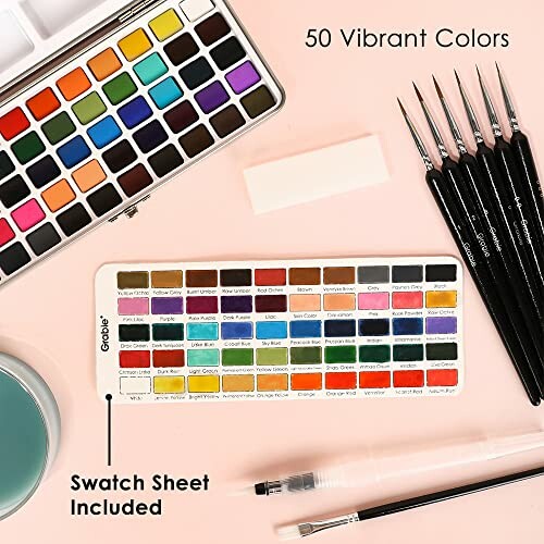 Watercolor paint set with 50 vibrant colors, paintbrushes, and swatch sheet included.