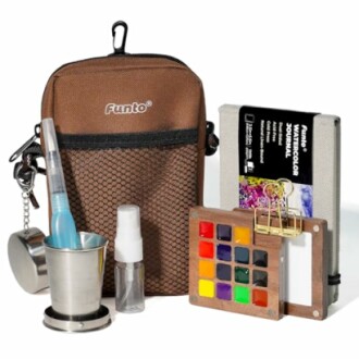 Portable watercolor travel kit with brushes, paints, and accessories.