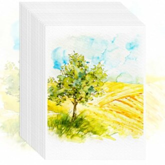 Watercolor painting of a tree in a field with blue sky.