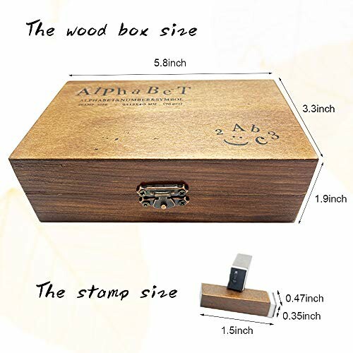 Wooden box and stamp with dimensions displayed.