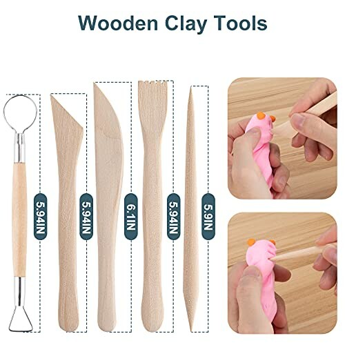 Wooden clay tools set with six different sculpting tools and two images of hands using the tools on clay.