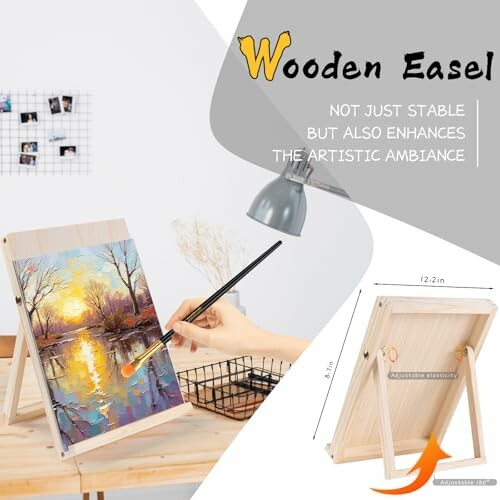 Wooden easel with a painting and art supplies.
