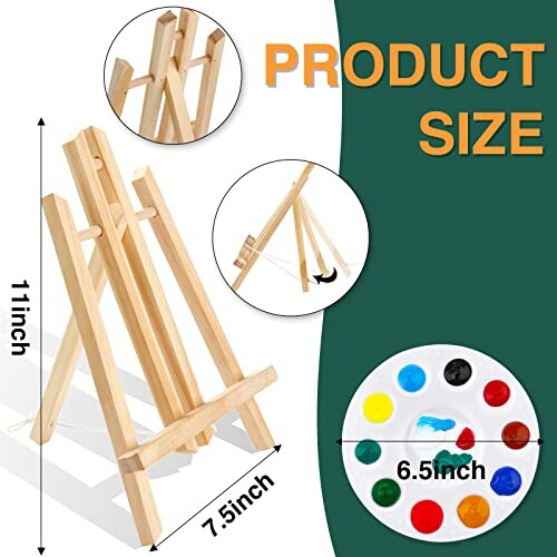 Wooden easel product dimensions and color palette.