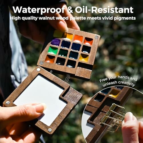 Wooden watercolor palette with vivid pigments, waterproof and oil-resistant.