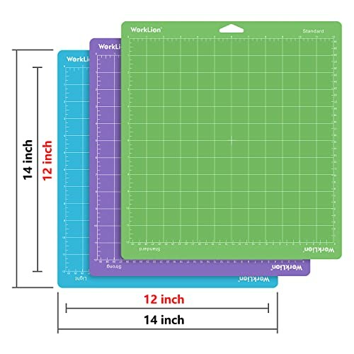 Set of three WorkLion cutting mats in green, purple, and blue with grid lines and measurements.