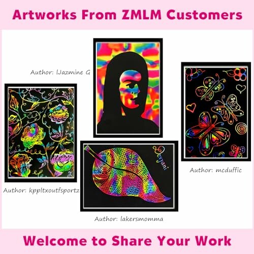 Colorful scratch art pieces from ZMLM customers featuring a face, flowers, a leaf, and a butterfly.
